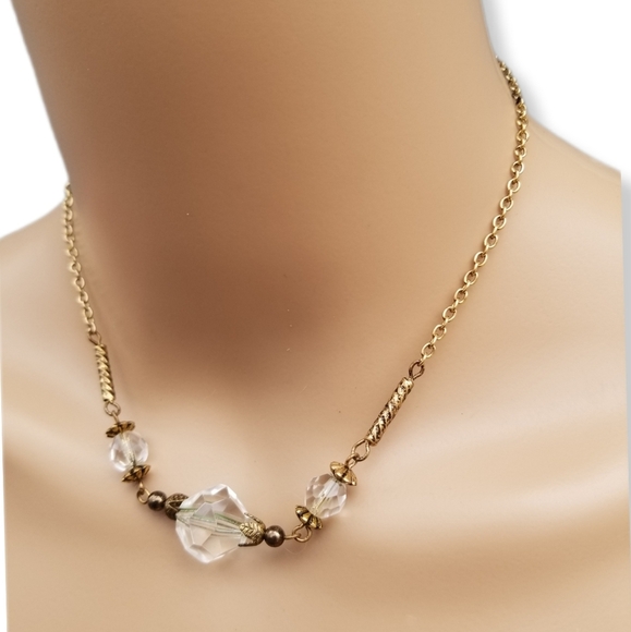 HATTIE CARNEGIE DAINTY GOLDTONE CHAIN & FACETED FAUX CRYSTAL BEAD NECKLACE - Picture 2 of 8
